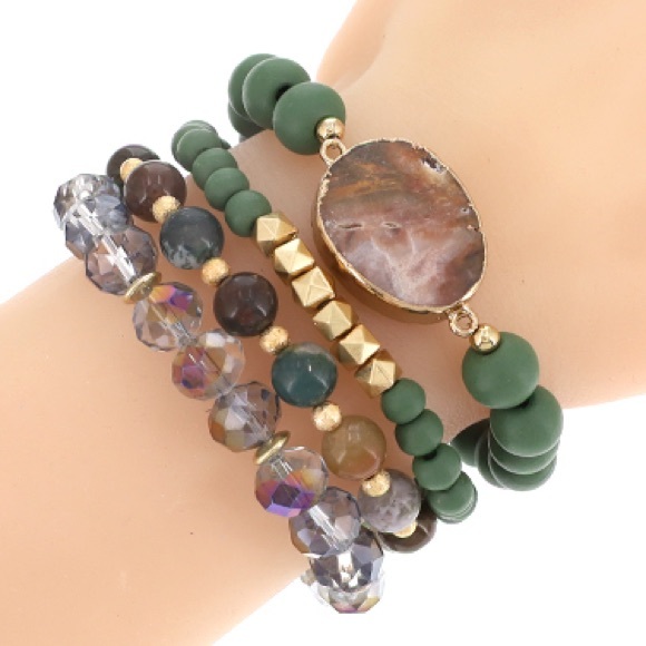 Jewelry - 1088-4Pcs Stretch Gemstone Wooden Bracelet-Green